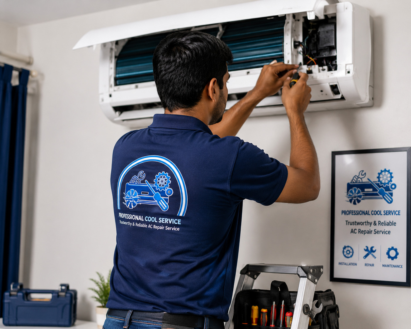 AC technician at work with a power tool