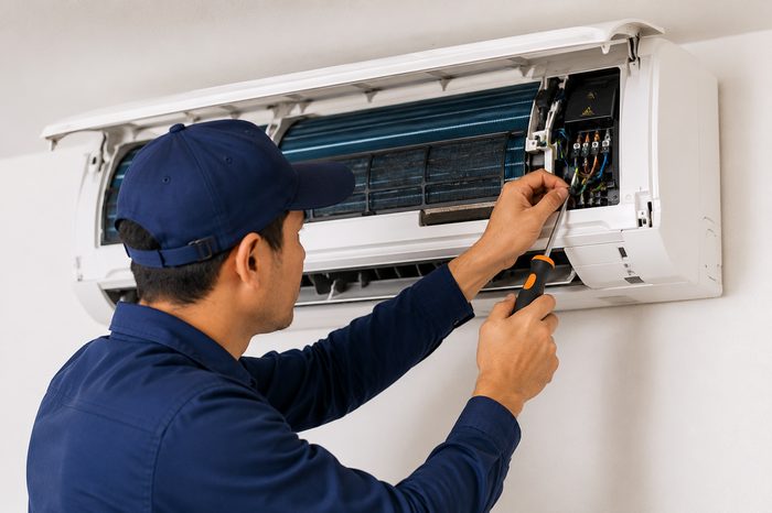 Technician using a power tool during AC service