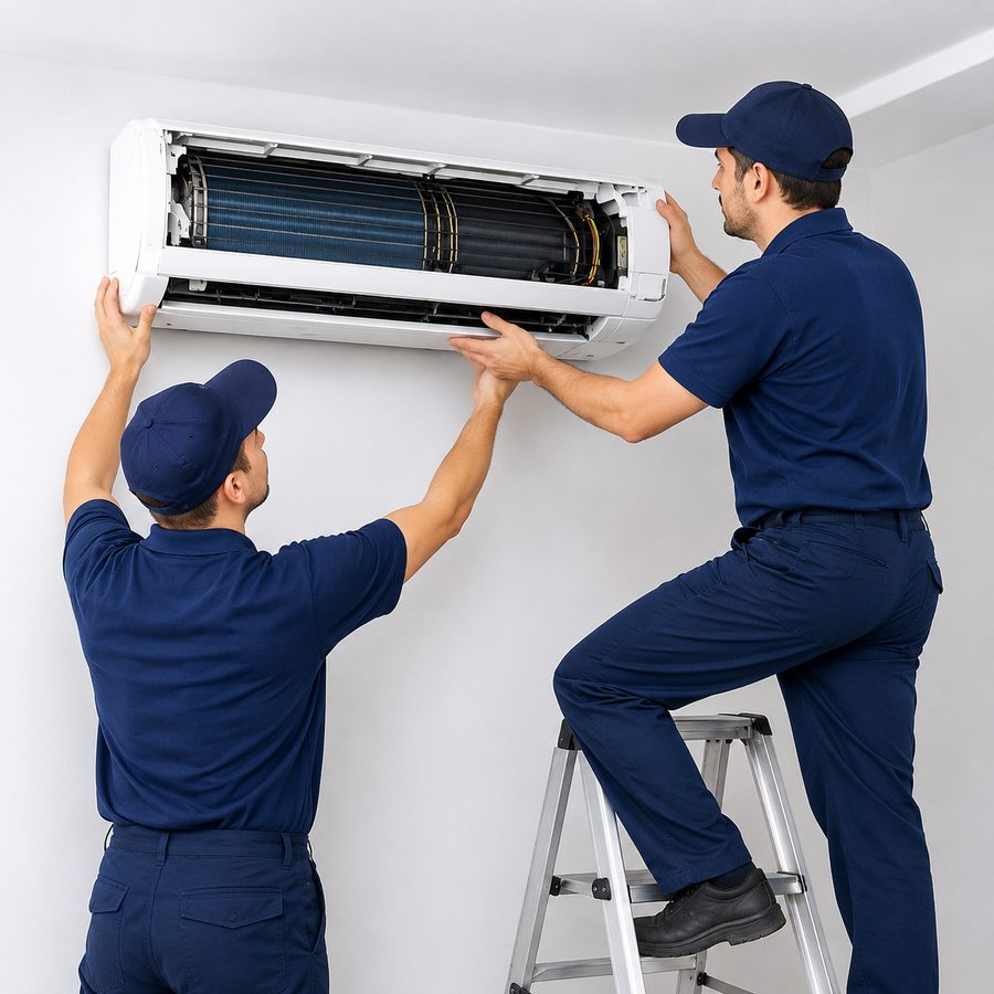 Two technicians installing a split AC indoor unit